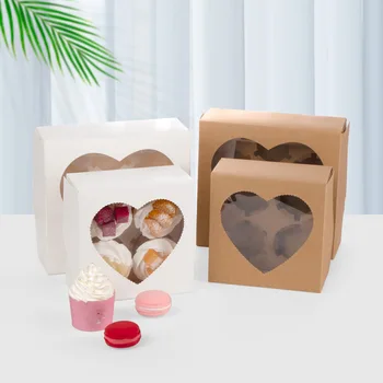 Бели кутии за Печене от Крафт-хартия 4 / 6cup Кафява Кутия за Печене Опаковка с Прозорец във формата на Сърце за Еднократна употреба Контейнер за Десерт на храна за Вкъщи