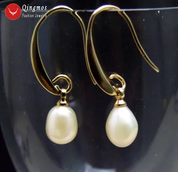 Qingmos Обици от естествени перли за Жени с 7-9 мм, бели Перли и плетене на една кука Златен цвят, Модни обеци -ear557 Безплатна доставка