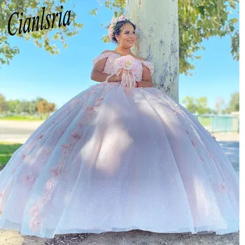 Rose Пищни рокля с открити Рамене, Украшенное Кристали, С Нос, Бална Рокля, Дантелен Корсет с Аппликацией под формата на 3D Цветя, Vestido De 15 Anos