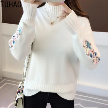 TUHAO/ есенно-зимните пуловери с дълги ръкави и с бродерия за момичета, свободна риза, пуловер с висока воротом и принтом, възли пуловери LZ22