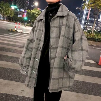 Вълна яке за мъже есен зима нова high street плюс кадифе дебела Корея свободна тенденция Harajuku женски вълнена клетчатое елегантно палто