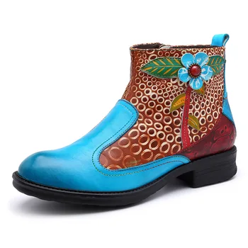 Дамски ботуши с релефни, естествена кожа, ретро, обтегач, светкавица, 3-5 см, Ботильоны на Високо Квадратен токчета, Елегантни обувки, дамски обувки с цветни блокчета