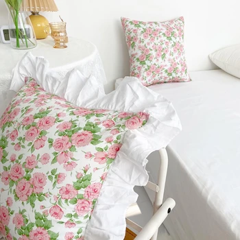 един лесен прохладна калъф за възглавници с принтом от розови цветове, памучен калъфка за покрива възглавница, декоративна лейси калъфка за възглавница с волани