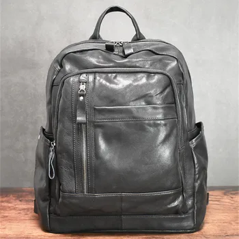 Една проста ежедневна дизайнерски мъжки черна училищна чанта за лаптоп от естествена кожа за пътуване на открито, раница от естествена телешка кожа с голям капацитет