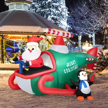 Коледен Надуваем Дядо Коледа Costway 6.5 FT Управлява Хеликоптер и Държи в Ръцете на Пингвин