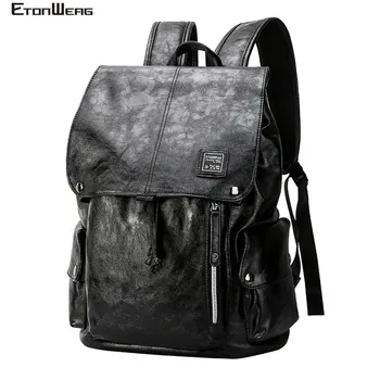 Мъжки Ретро Раница, Обикновена черна ученически чанти от изкуствена Кожа за момчетата-тийнейджъри, чанта за книги, Бизнес чанта за лаптоп, Повседнев