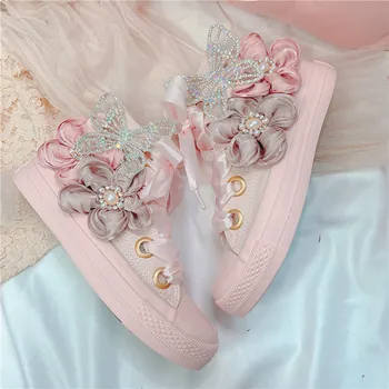 Оригинални сладки розови дантелени парусиновые обувки страхотна розова мечта цвете от кристал плоски единични ретро други обувки