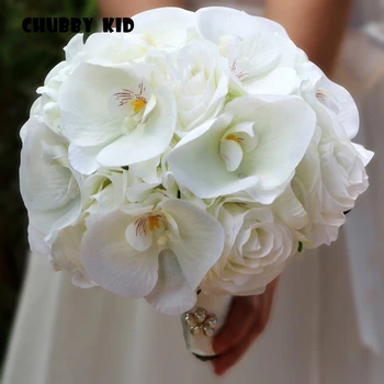 Романтични Букети, Булчински Букет от Изкуствени Цветя с Ръчно изработени Сватбен Букет на булката бял цвят роза Phalaenopsis булчински букет