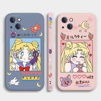 Скъпа Мультяшная Момиче Sailor Moon Калъф За Телефон За iPhone 14 13 12 11 Pro Max Mini X XR XS MAX Plus Течен Силиконов Калъф Fundas Capa
