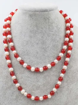 сладководни перли почти през цялата 7-8 мм и червен нефрит кръг 8 мм дълго колие 35 