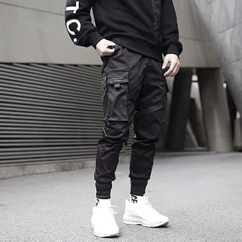Хип-хоп Панталони Мъжки Лента Цветен Блок Черно Джоб на Панталон Cargo Зреещи Джоггеры Harajuku Спортни Панталони