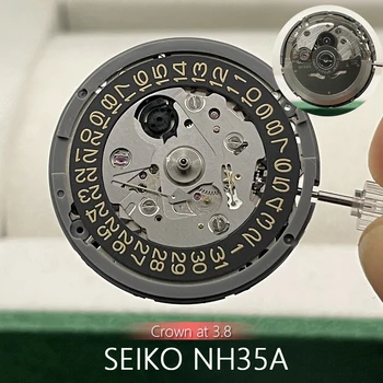 Черен с часовников механизъм Date NH35A с 24 скъпоценни камъни корона на 3,8 часа, Черно колелото на дата / Златен текст, Механични детайли механизъм Seiko